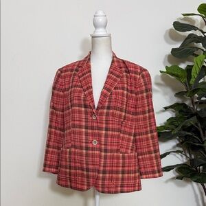 Talbots Women Red Orange Plaid Blazer Size 12 Cotton Lined Heritage Holiday Chic